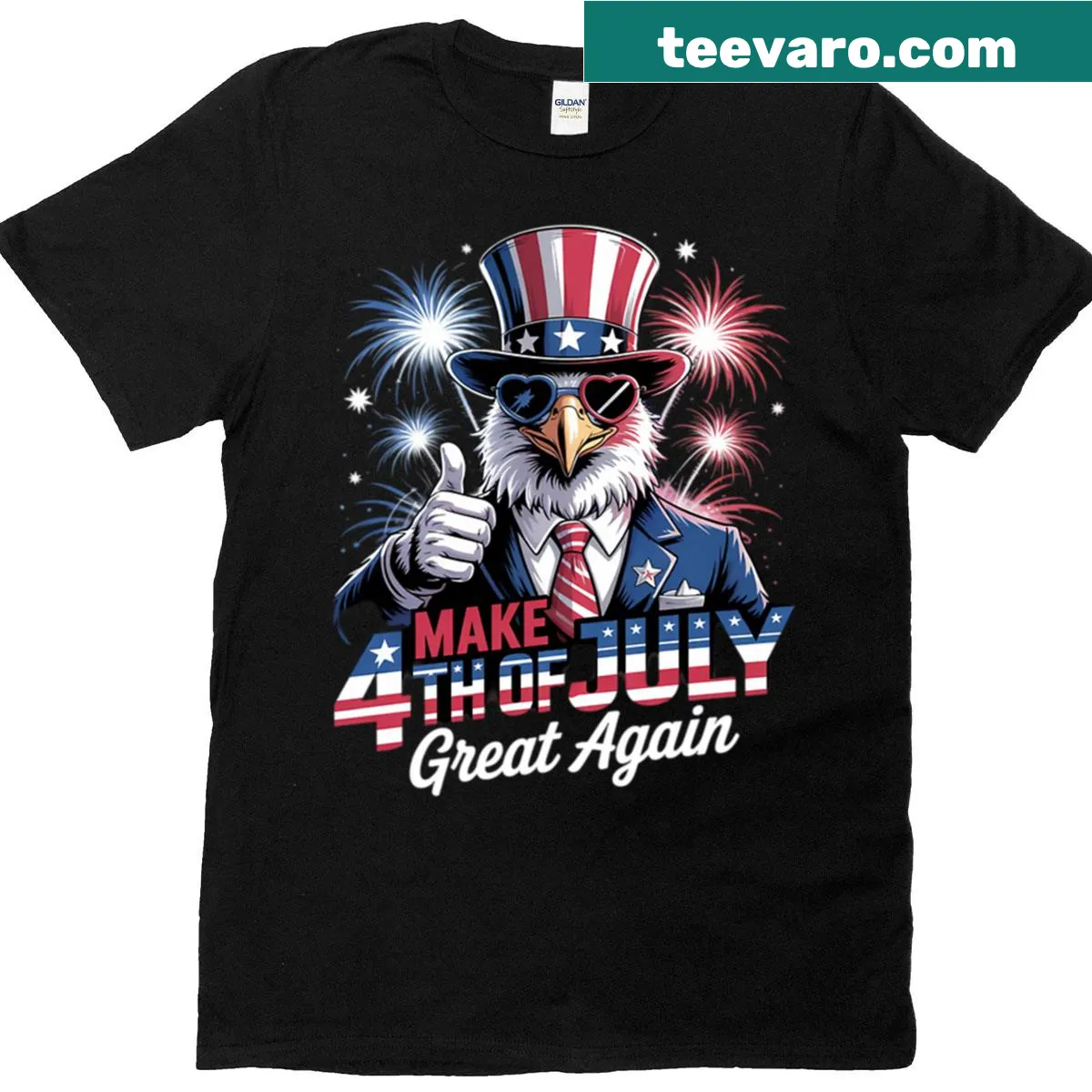 Patriotic T-shirt featuring fireworks and text 'Make 4th Of July Great Again' — on a men's t-shirt
