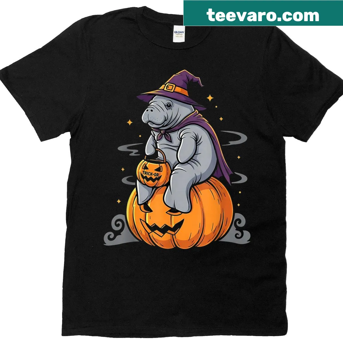 Playful Halloween T-shirt with manatee in witch hat and pumpkin — on a men's t-shirt