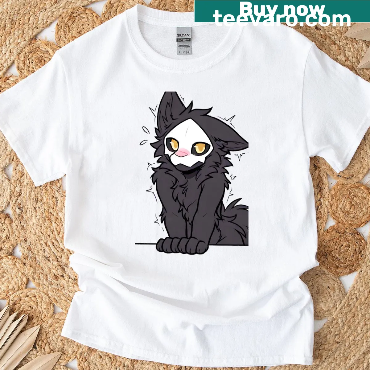 Cute Masked Cutie T-shirt with cartoon character and rosy cheeks — on a men's t-shirt