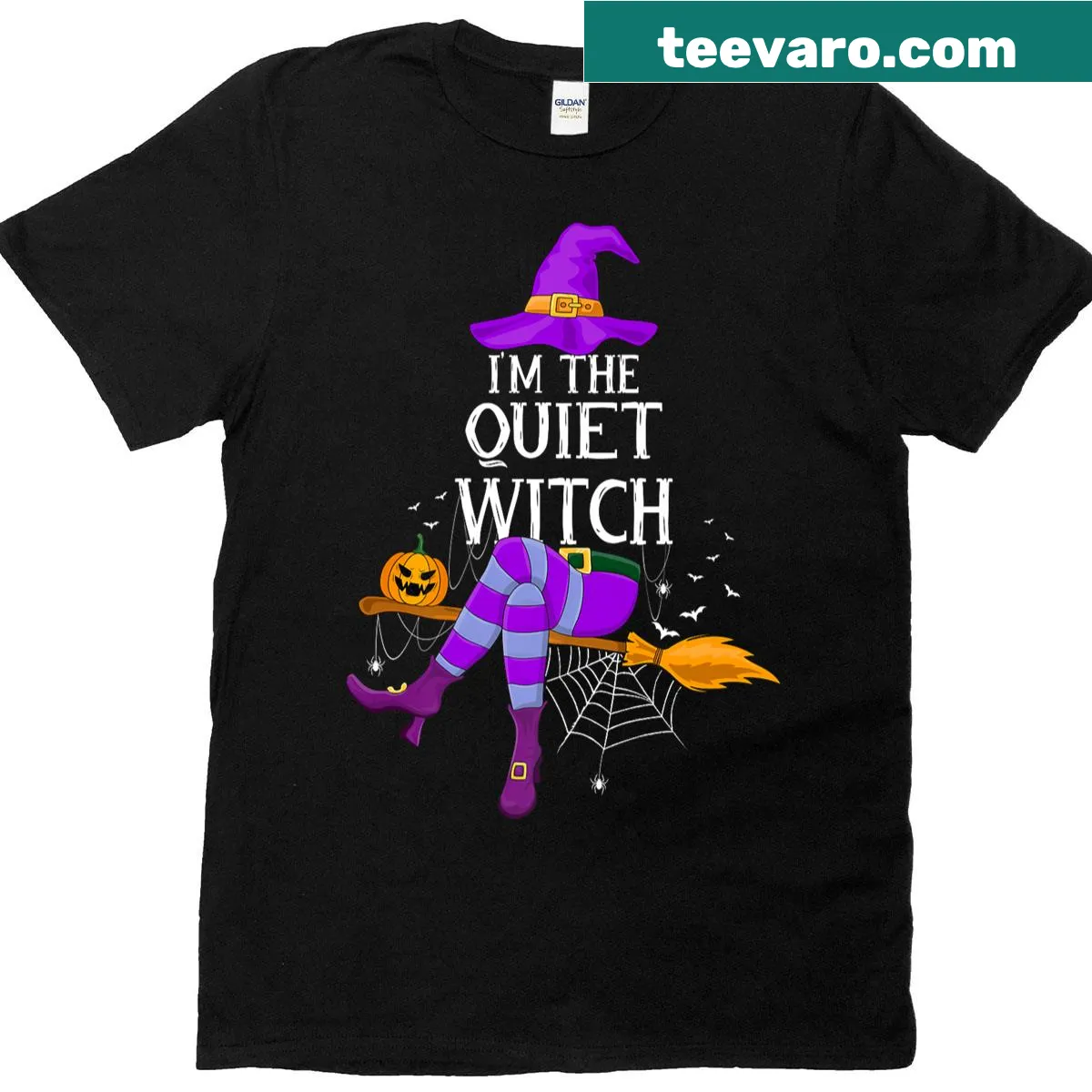 Playful Halloween T-shirt with 'I’m the Quiet Witch' graphic — on a men's t-shirt