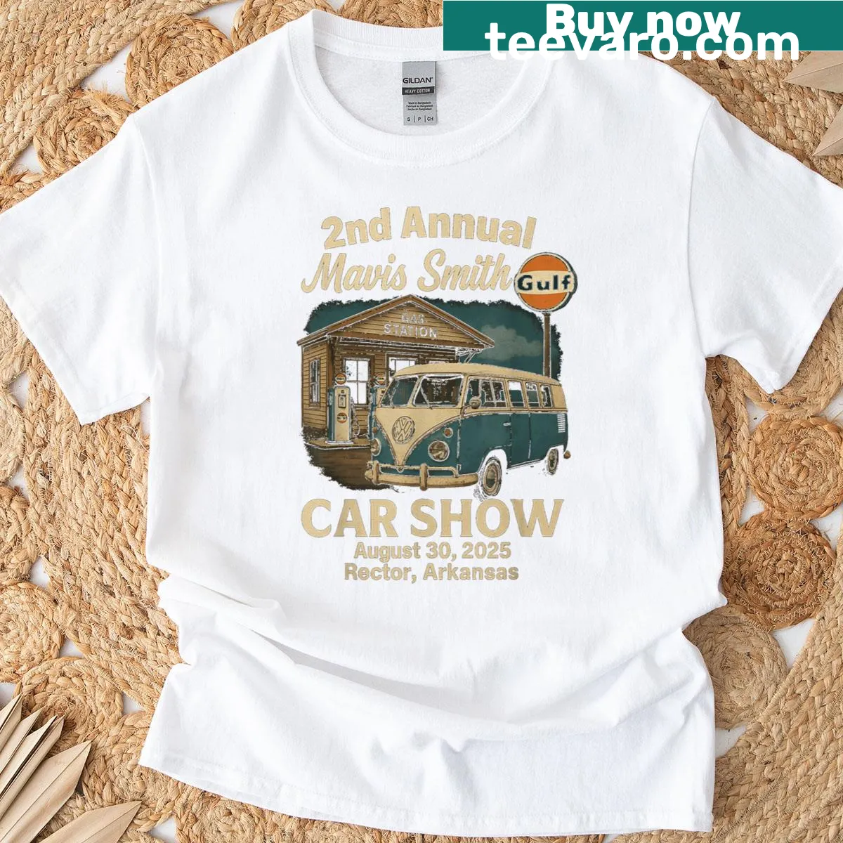 Commemorative t-shirt for Mavis Smith Car Show with event name printed — on a men's t-shirt