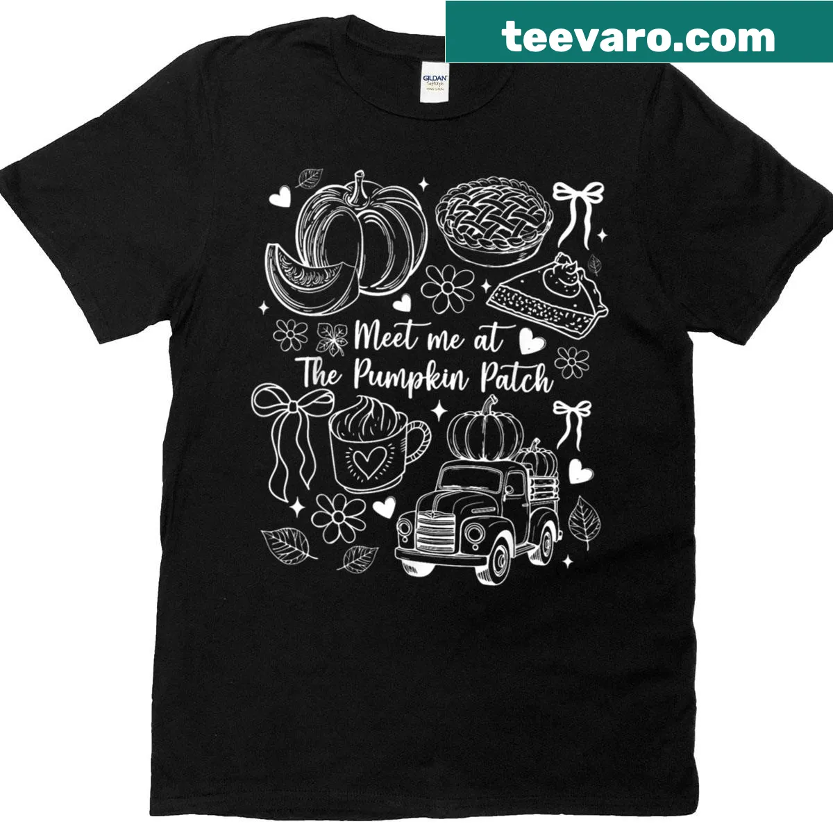 Cute pumpkin patch t-shirt featuring a vintage truck with a bow — on a men's t-shirt