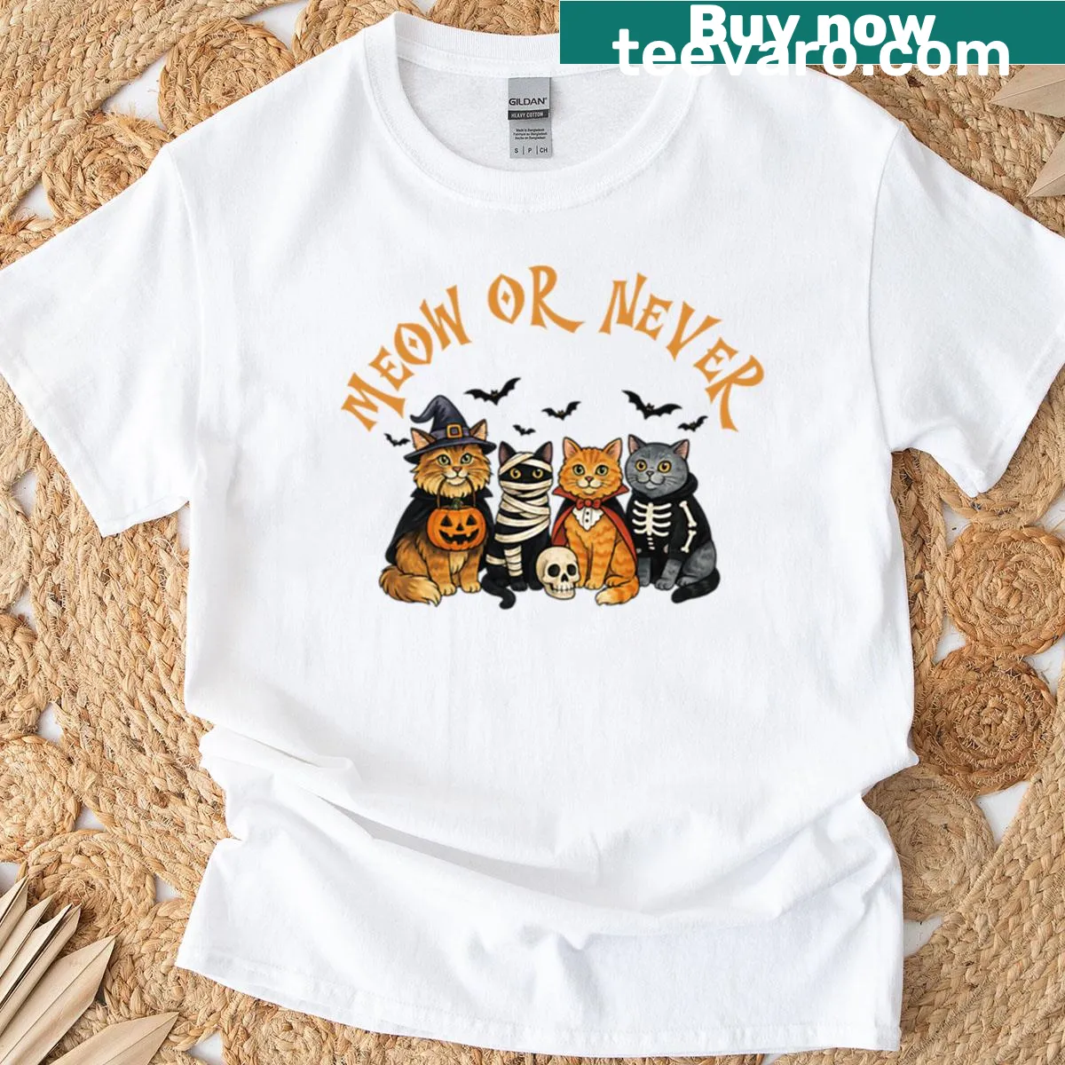 Funny Halloween T-shirt with 'Meow Or Never' and cat graphic — on a men's t-shirt