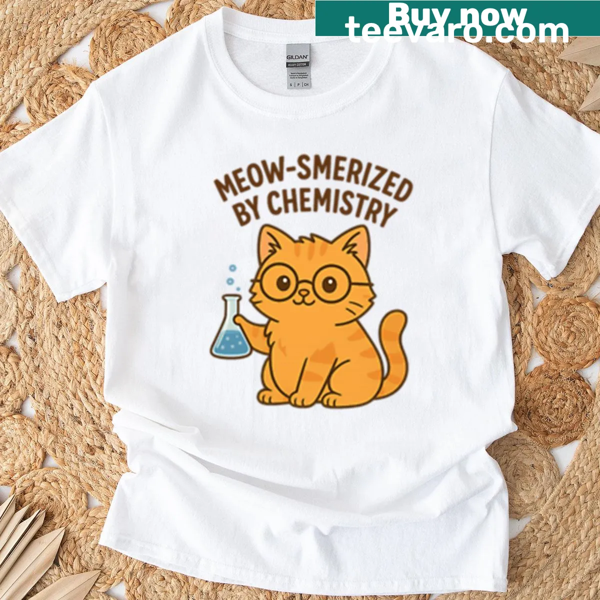 Science-themed t-shirt with Meow-smerized By Chemistry phrase — on a men's t-shirt