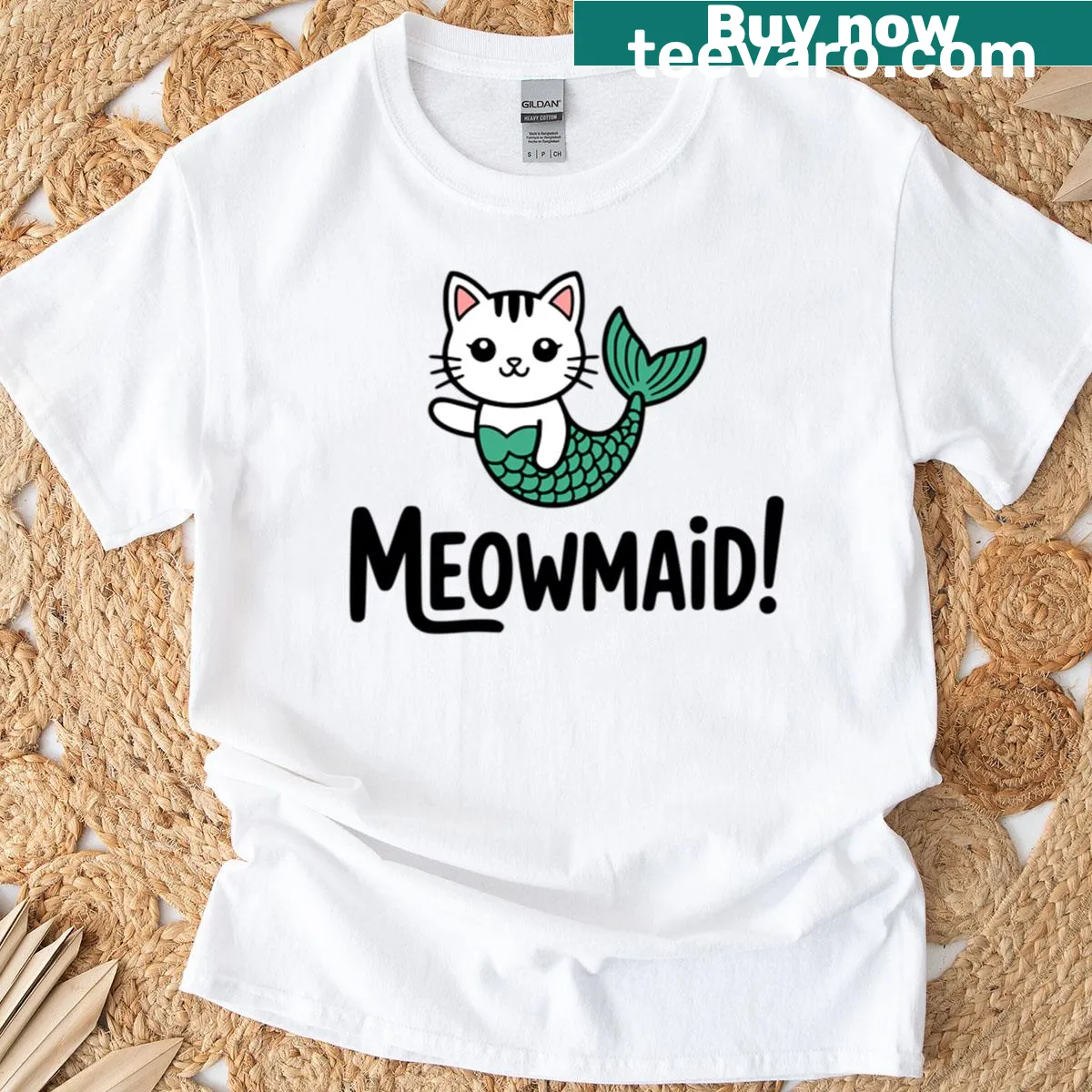 Cute T-shirt with a cat in mermaid attire and the pun 'Meowmaid' — on a men's t-shirt