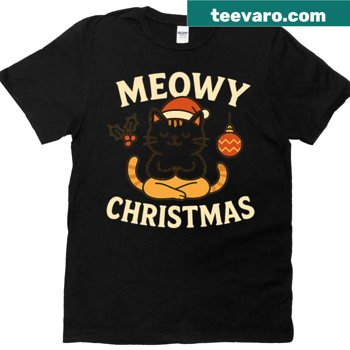 Funny Christmas T-shirt featuring a cute cat design for the holidays — on a men's t-shirt