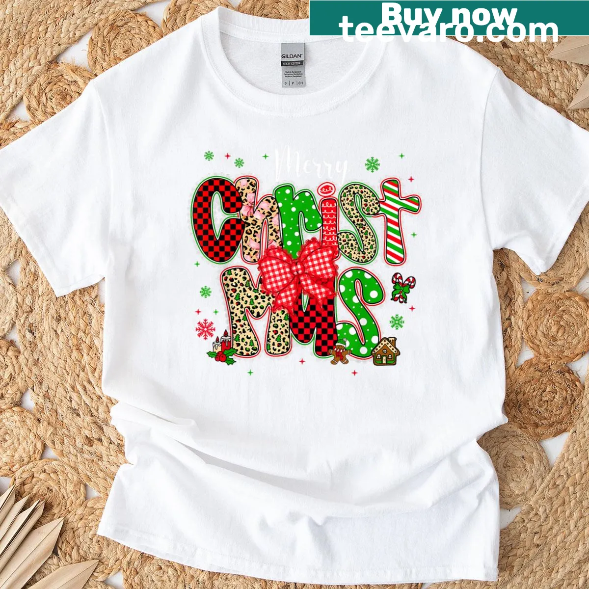 Christmas-themed t-shirt with a cute girl in a lace bow — on a men's t-shirt