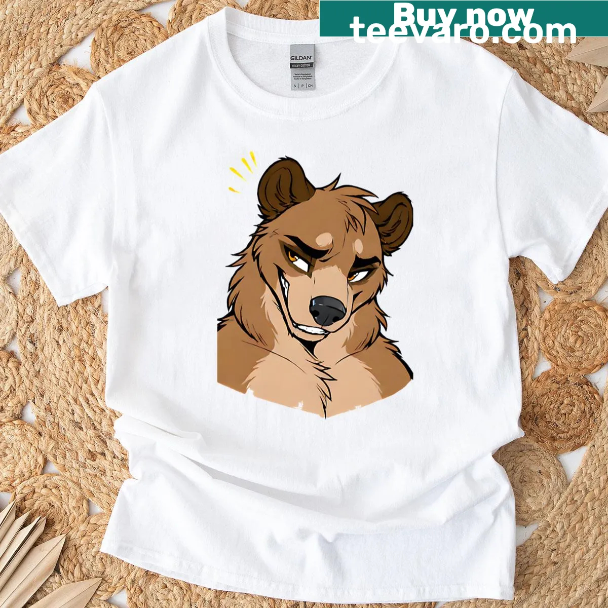 T-shirt featuring a playful bear illustration with a mischievous grin — on a men's t-shirt