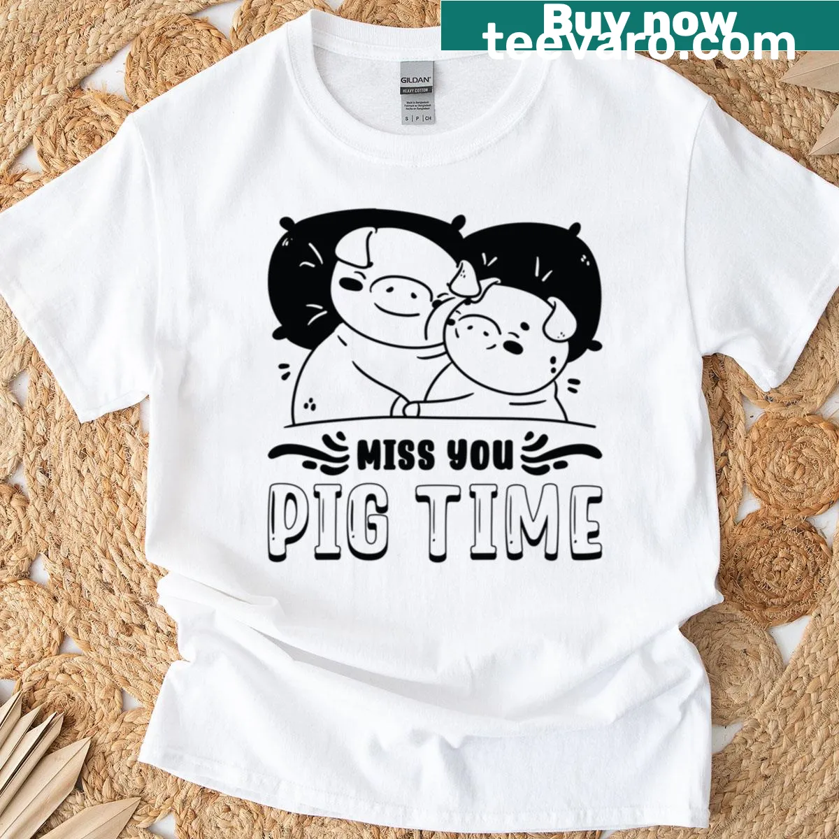 T-shirt featuring a playful pig design with 'Miss You Pig Time' text — on a men's t-shirt
