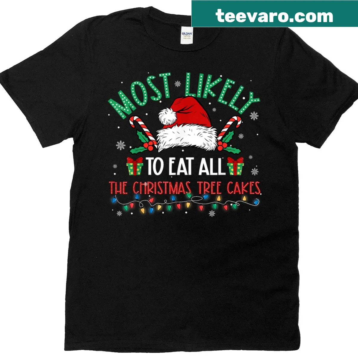 Matching family Christmas tree cakes t-shirt with fun typography — on a men's t-shirt