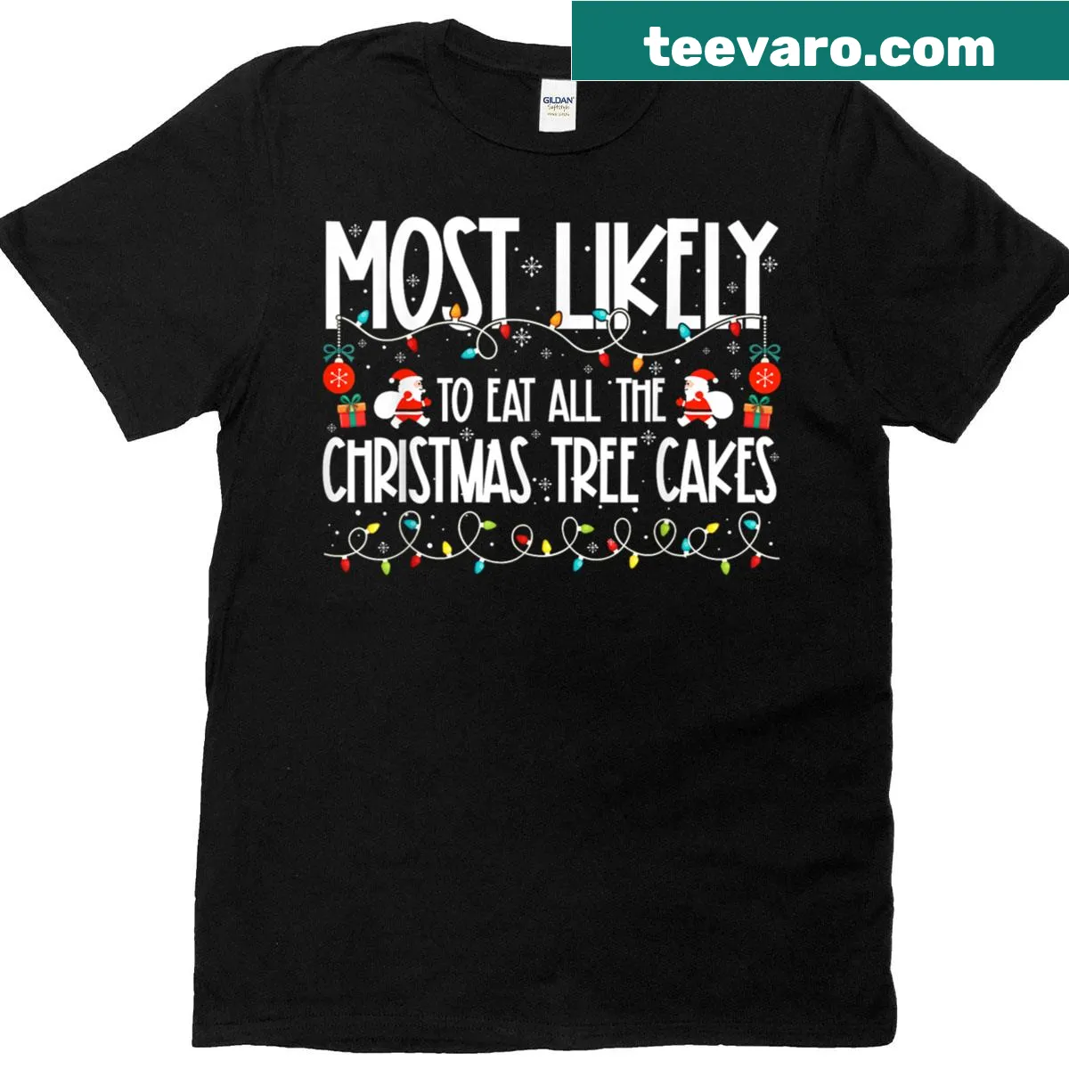 Funny Christmas tree cakes family t-shirt with bold typography — on a men's t-shirt