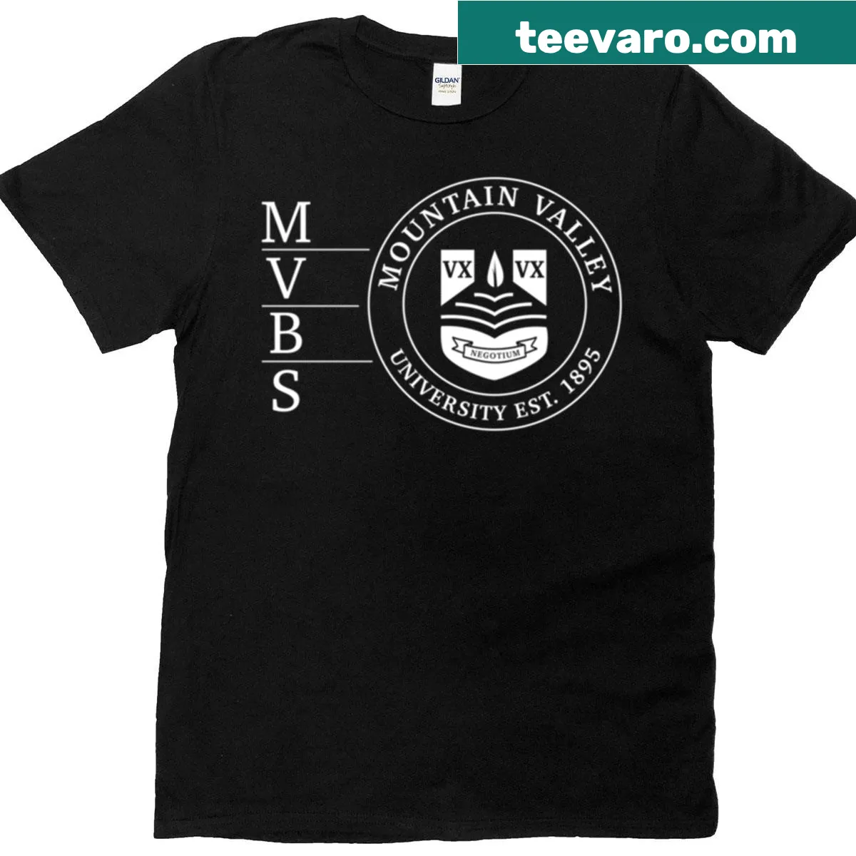 Funny T-shirt with Mountain Valley University Business School text — on a men's t-shirt