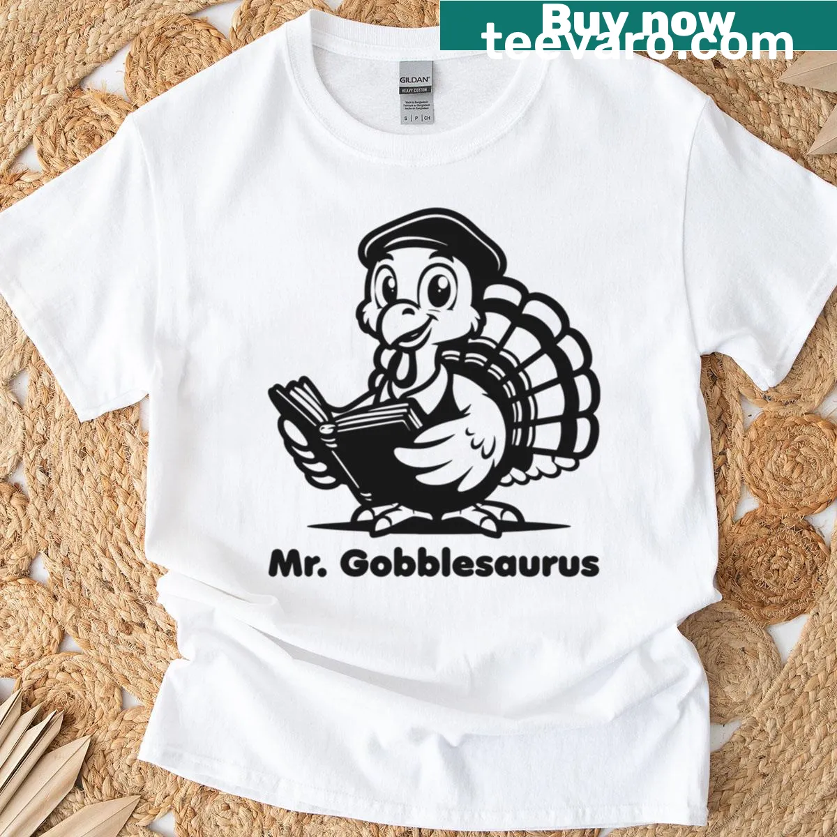 Funny T-shirt featuring a dinosaur pun and Thanksgiving theme — on a men's t-shirt