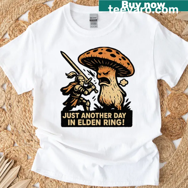 Gaming t-shirt featuring a humorous mushroom character from Elden Ring