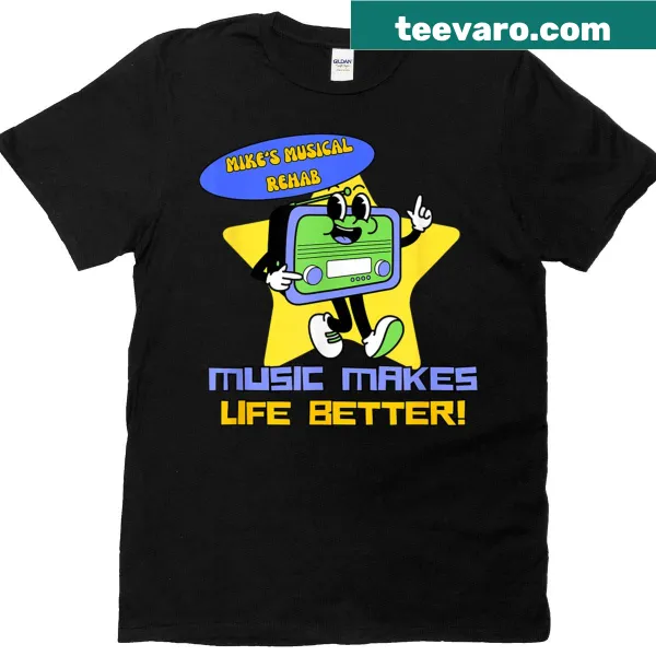 Vintage-style t-shirt with text 'Music Makes Life Better'
