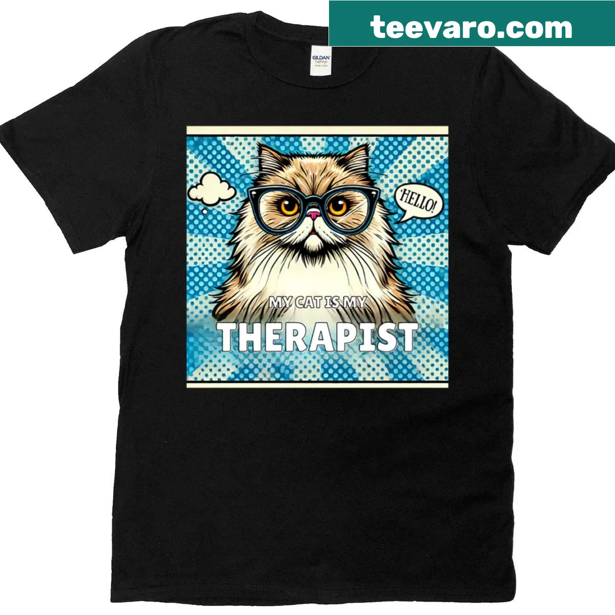 Funny T-shirt with the phrase 'My Cat Is My Therapist' in pop art style — on a men's t-shirt