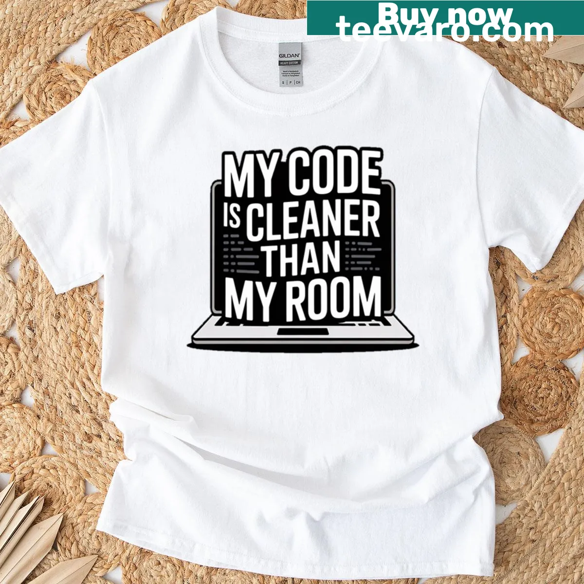 Funny programmer t-shirt with the slogan about clean code and messy rooms — on a men's t-shirt