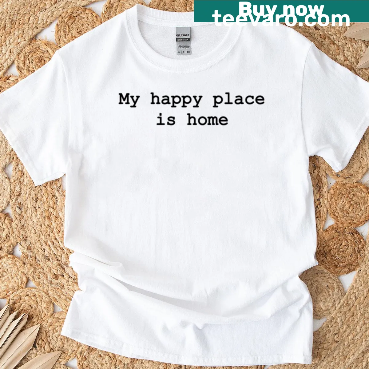 Comfortable oversized T-shirt with 'My Happy Place Is Home' text — on a men's t-shirt