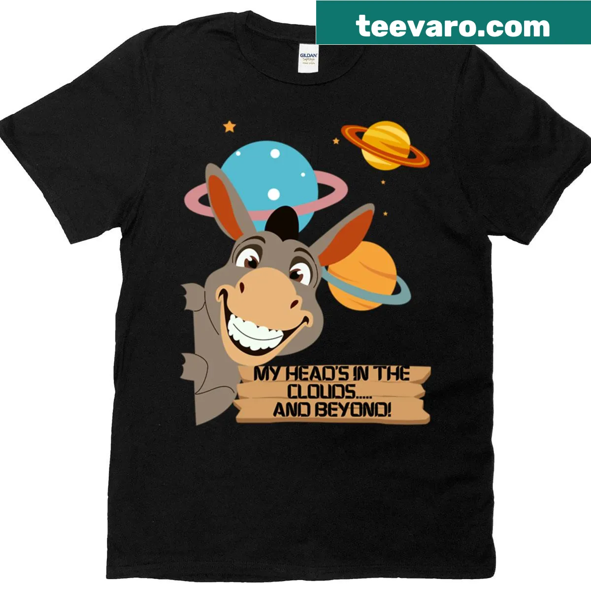 Illustrated T-shirt with clouds and cosmic space theme — on a men's t-shirt