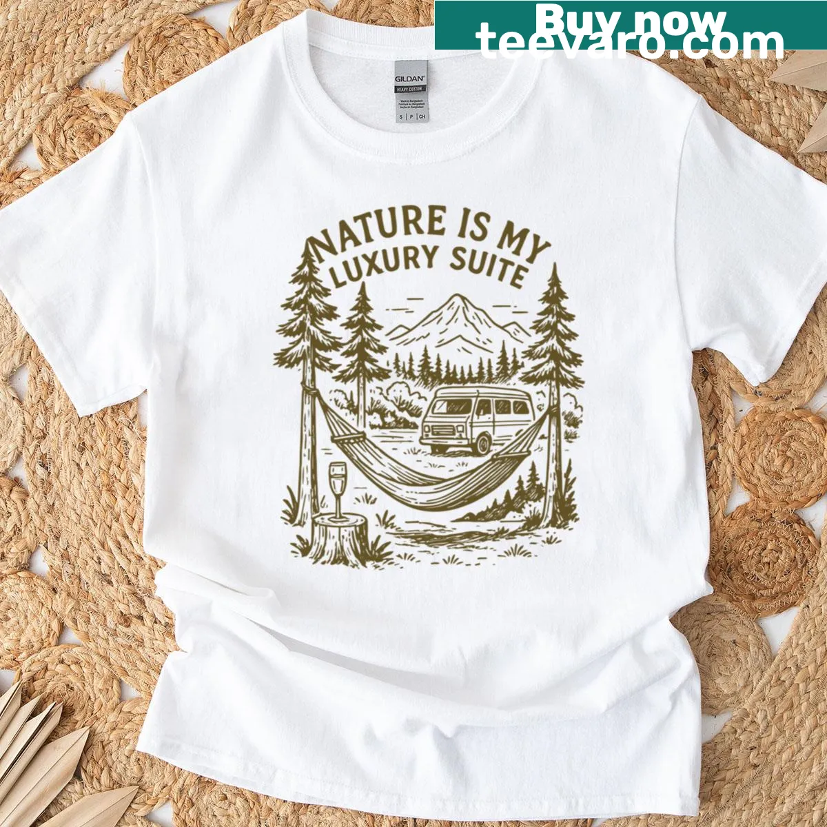 Funny oversized t-shirt with 'Nature Is My Luxury Suite' text — on a men's t-shirt