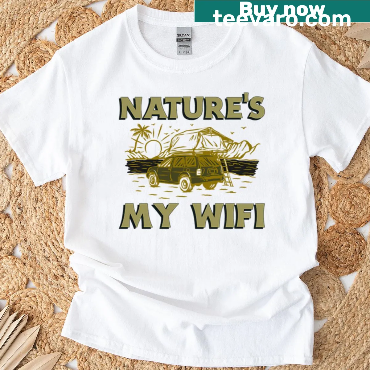 Nature's My Wifi text on a camping-themed T-shirt — on a men's t-shirt