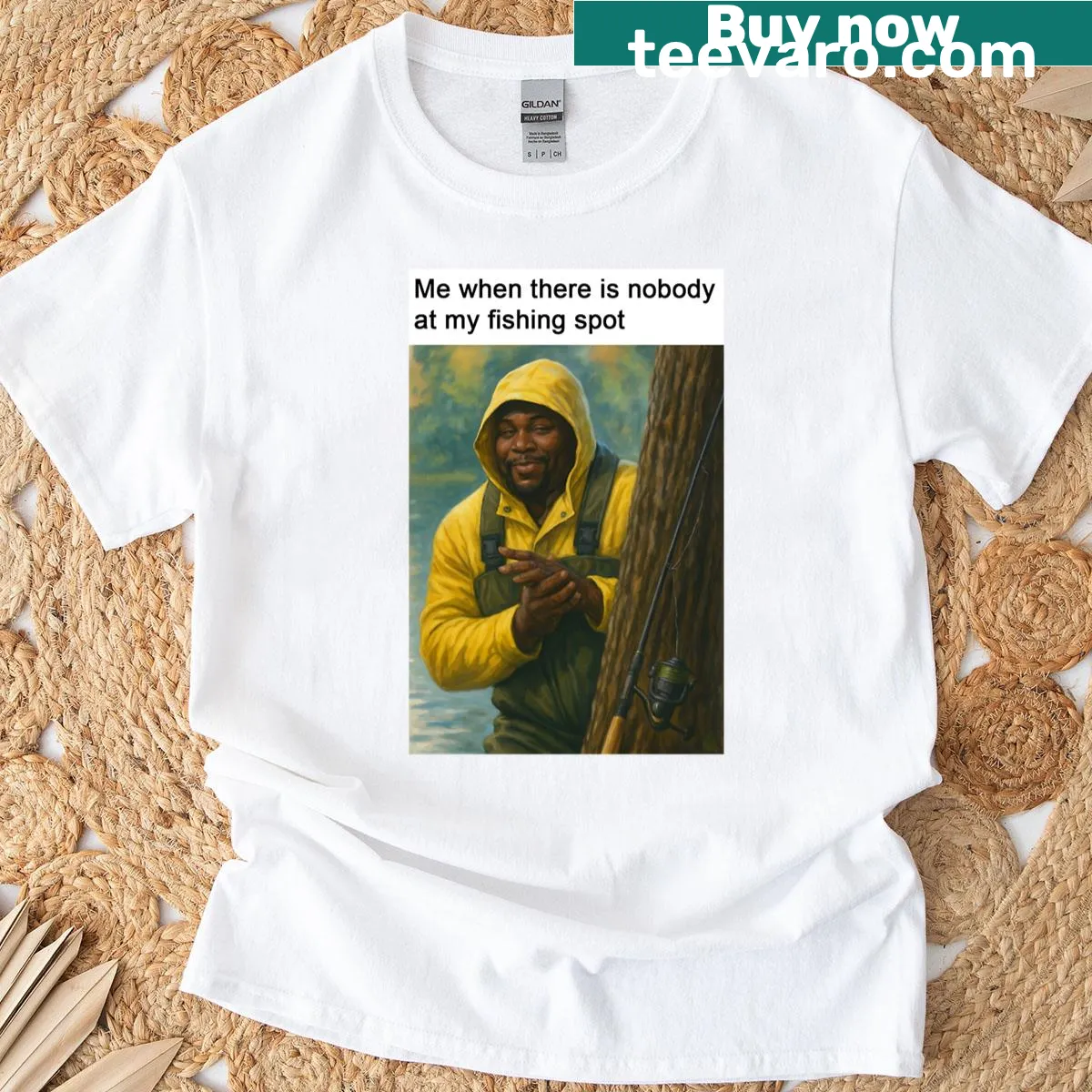 Illustration of fishing spot with humorous text on a T-shirt — on a men's t-shirt