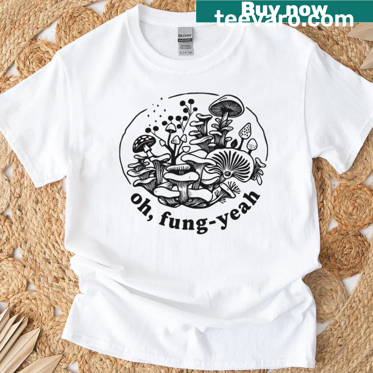 Funny oversized t-shirt with cartoon mushroom graphic — on a men's t-shirt