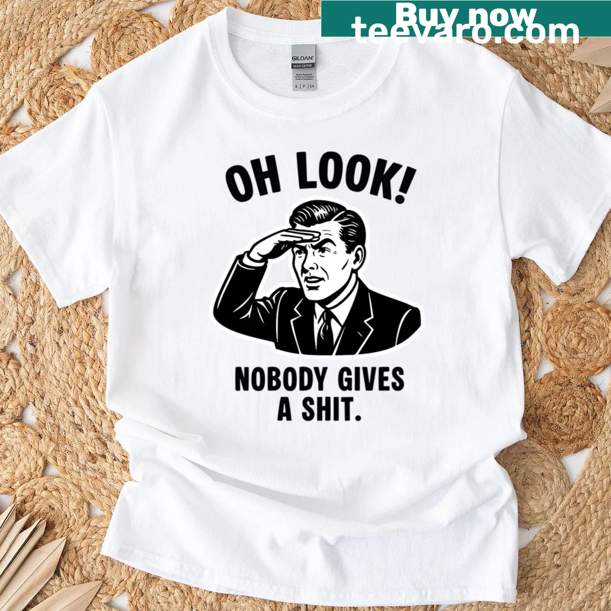 Funny retro-style t-shirt with the phrase 'Oh Look Nobody Gives A Shit' — on a men's t-shirt