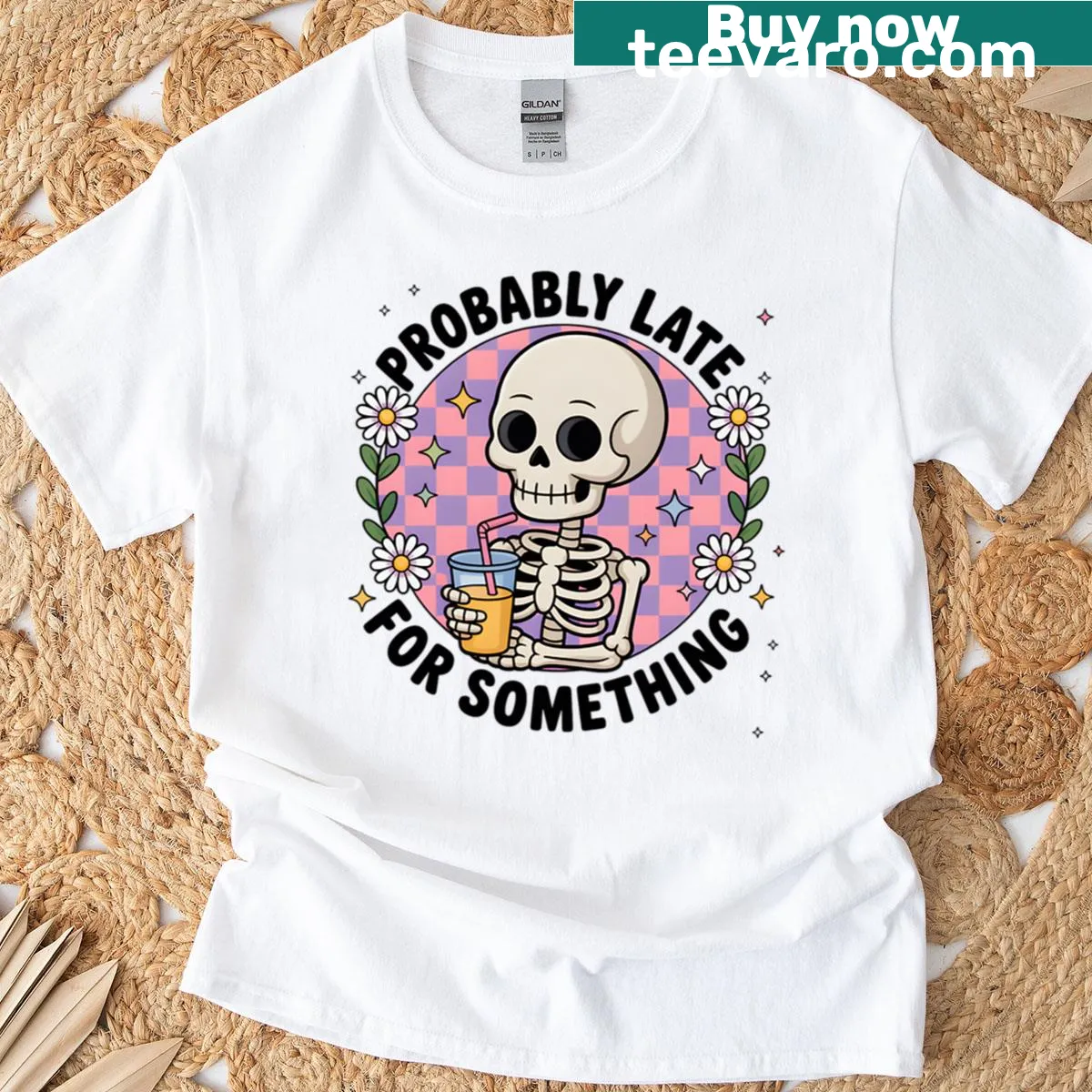 Skeleton enjoying a drink on a funny oversized Halloween shirt — on a men's t-shirt