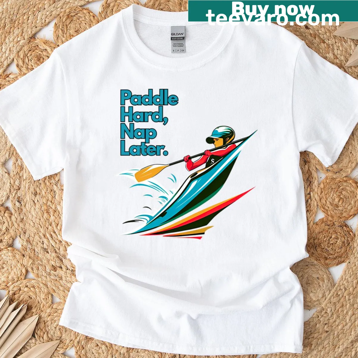 Funny kayaking t-shirt featuring the slogan 'Paddle Hard Nap Later' — on a men's t-shirt