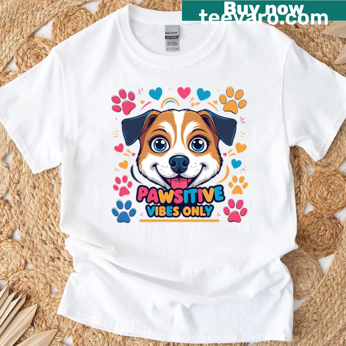 Cute dog illustration t-shirt promoting positive vibes — on a men's t-shirt