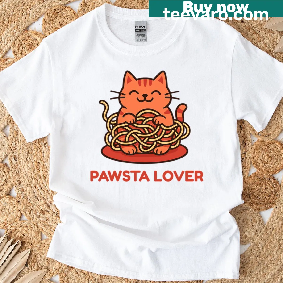 T-shirt with a cat illustration enjoying spaghetti — on a men's t-shirt