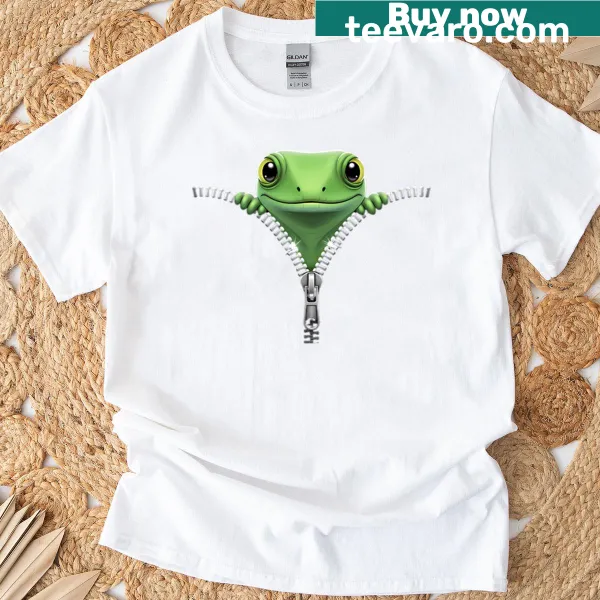Cartoon frog peeking out design on a T-shirt