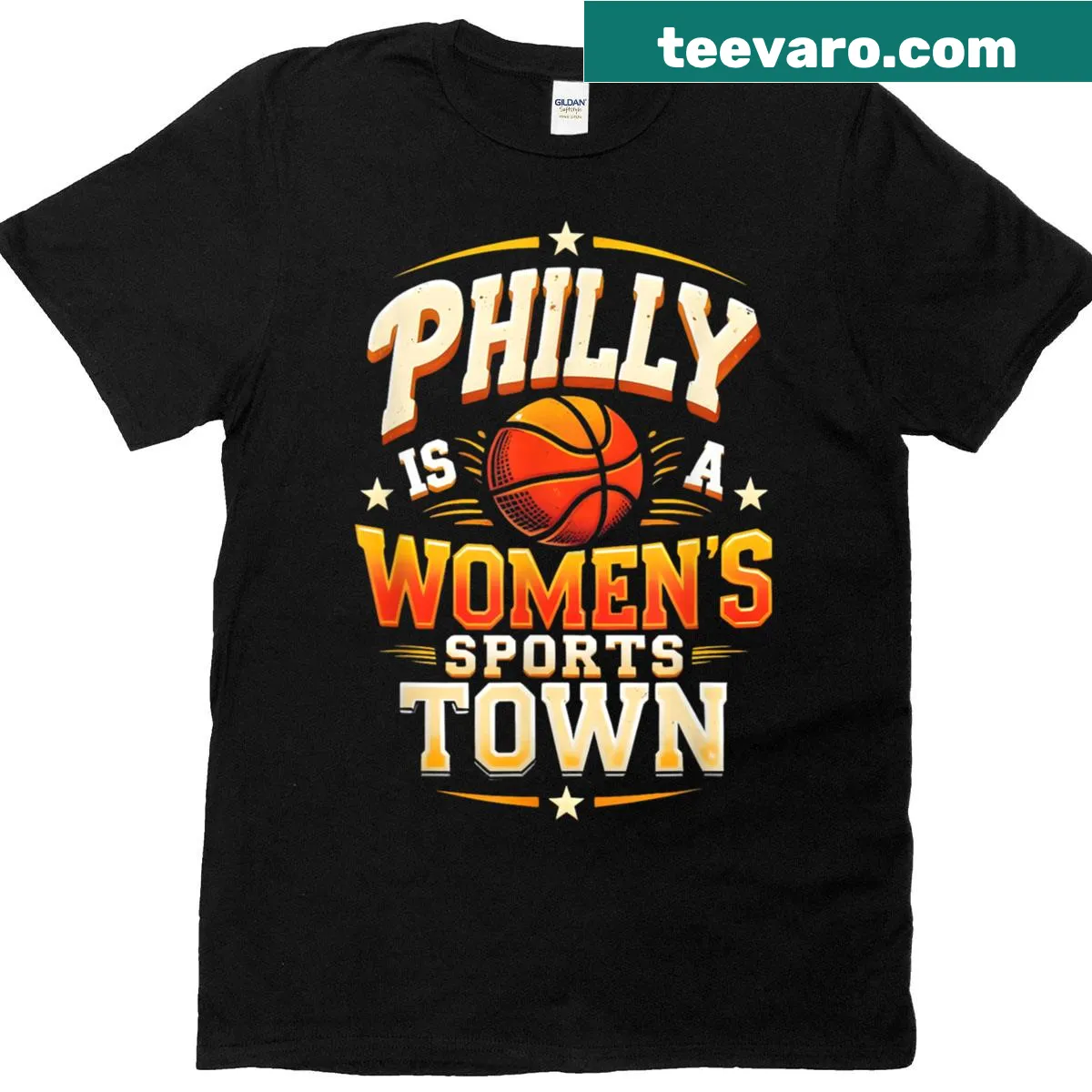 T-shirt declaring Philly as a women's sports town, featuring basketball and soccer motifs. — on a men's t-shirt