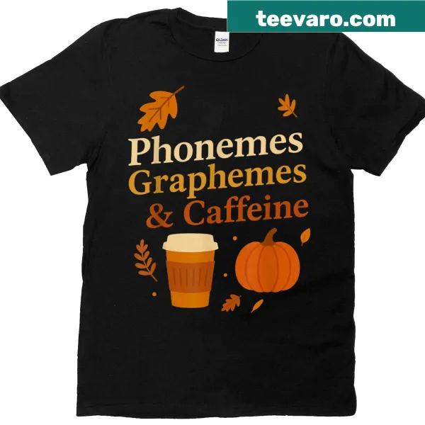 Teacher shirt featuring phonemes, graphemes, and coffee themes.