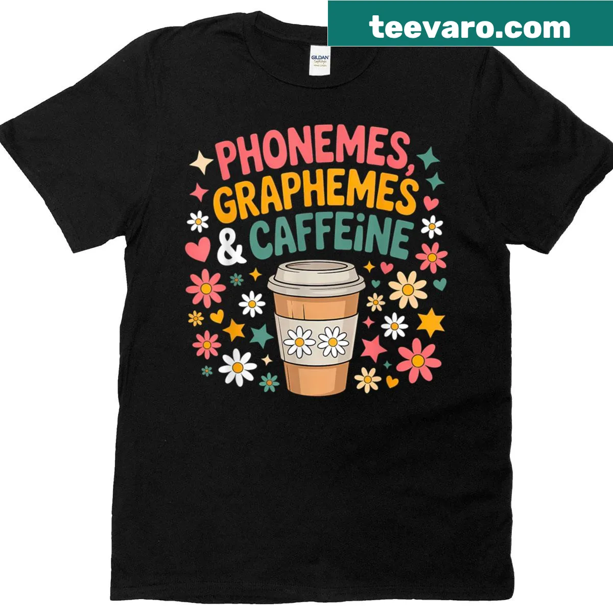 Teacher appreciation T-shirt with 'Phonemes Graphemes And Caffeine' text — on a men's t-shirt