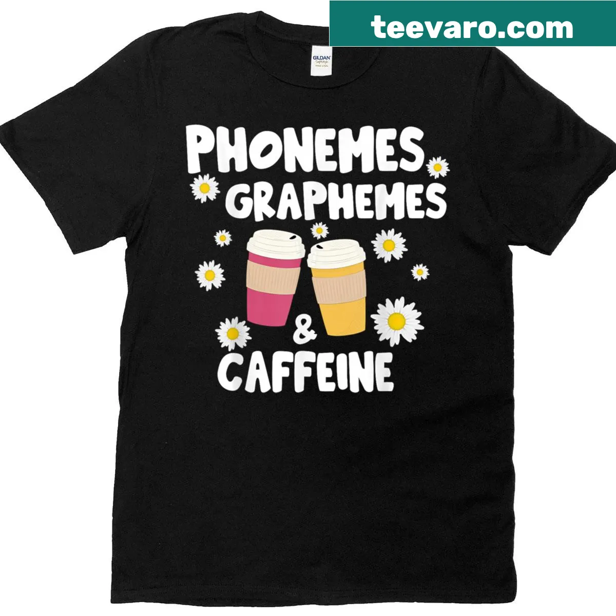 Funny back to school shirt featuring phonemes, graphemes, and coffee — on a men's t-shirt