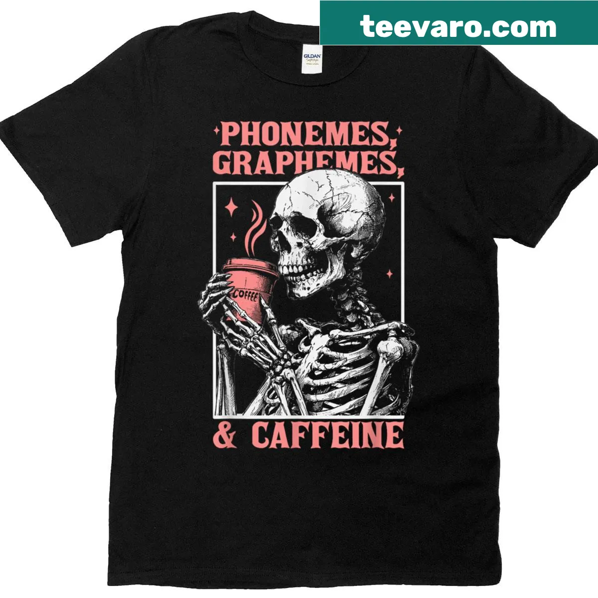 Funny skeleton t-shirt featuring phonemes and graphemes — on a men's t-shirt