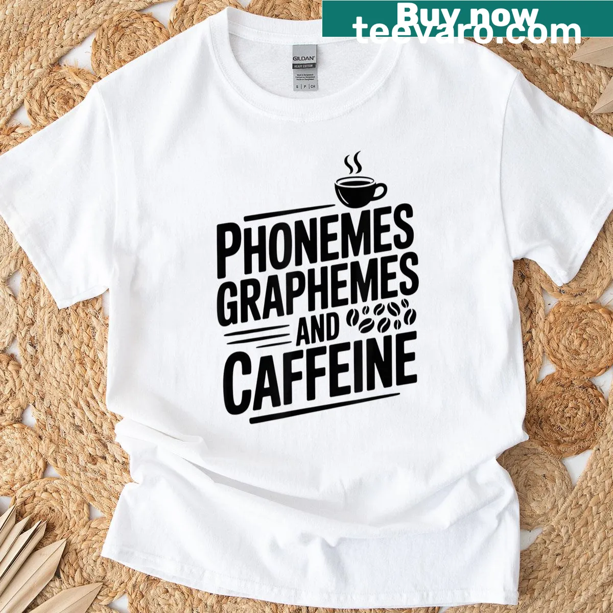 Funny teacher shirt highlighting phonemes, graphemes, and caffeine — on a men's t-shirt