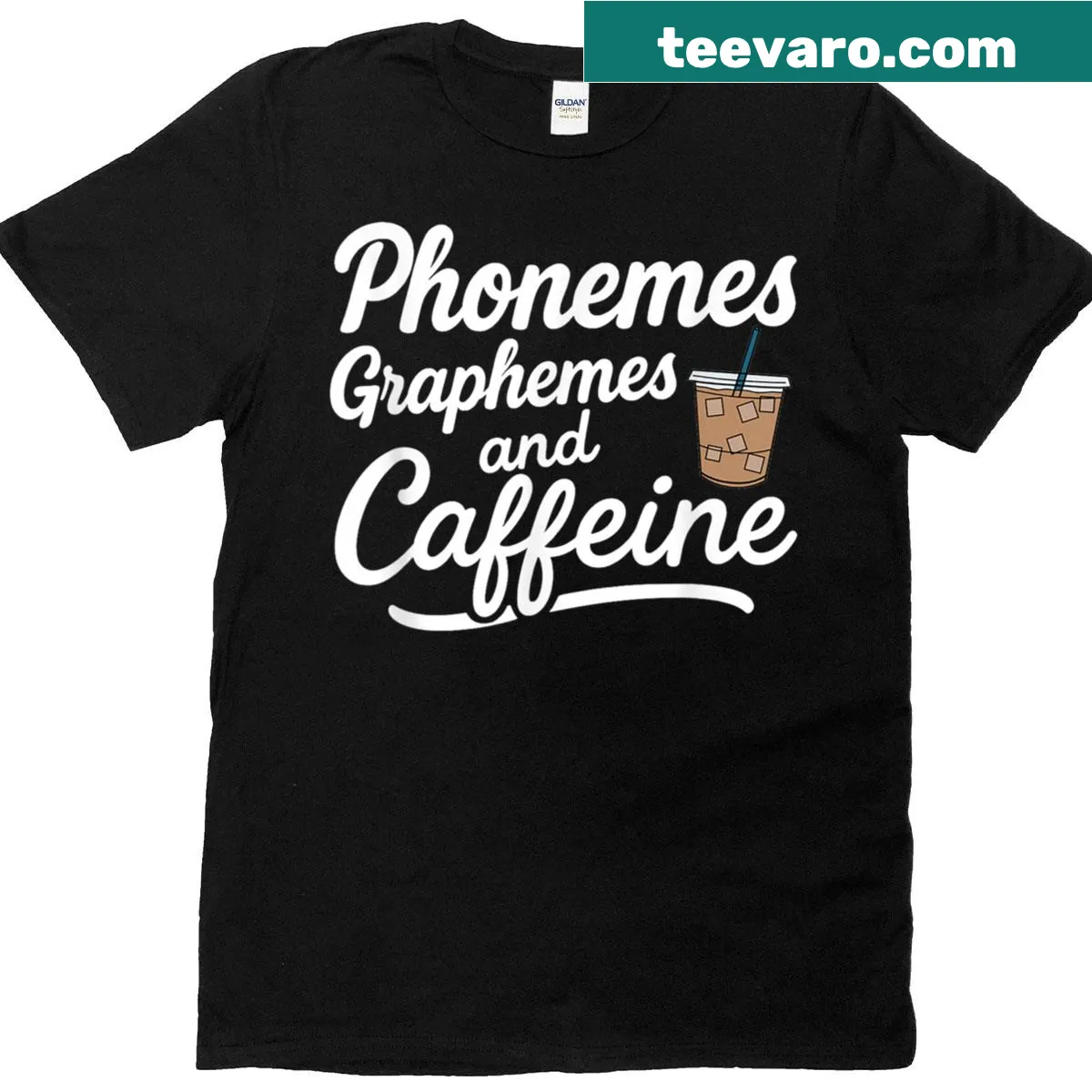 Teacher appreciation T-shirt featuring phonemes, graphemes, and coffee design. — on a men's t-shirt