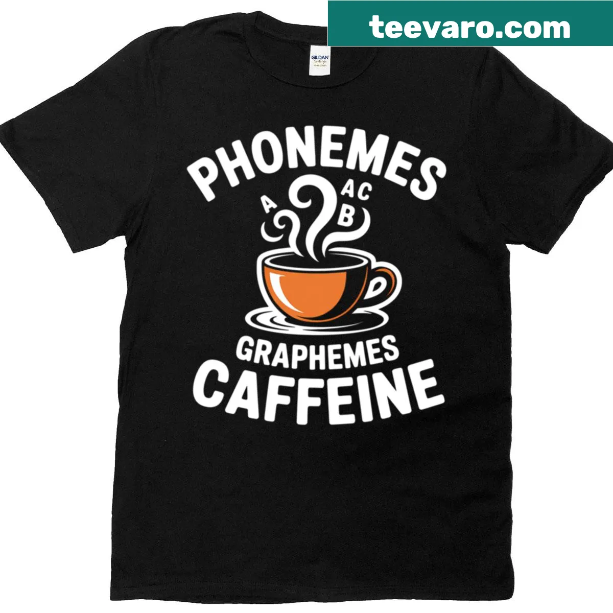 Funny linguist shirt featuring phonemes, graphemes, and coffee design — on a men's t-shirt