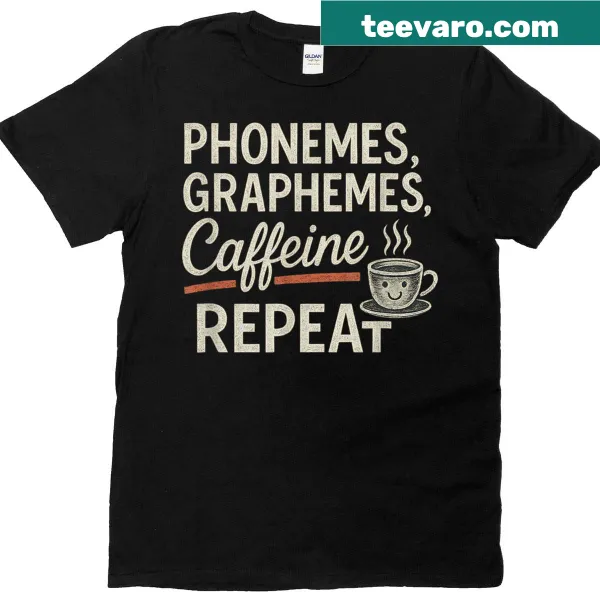 Chalkboard style teacher t-shirt with phonemes graphemes and caffeine graphic