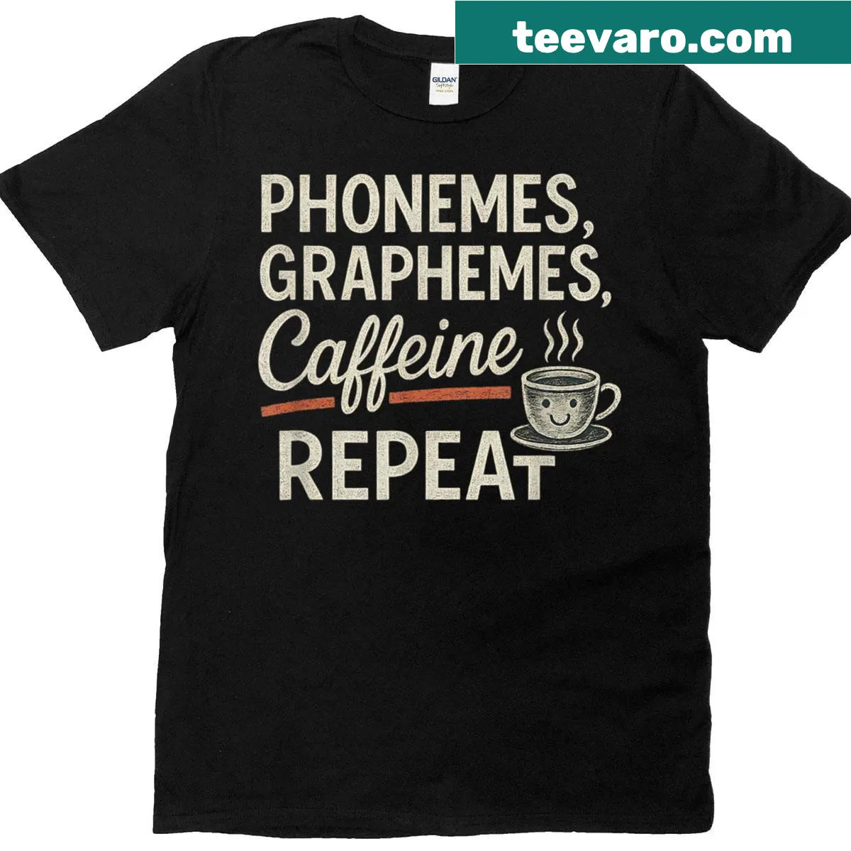 Chalkboard style teacher t-shirt with phonemes graphemes and caffeine graphic — on a men's t-shirt
