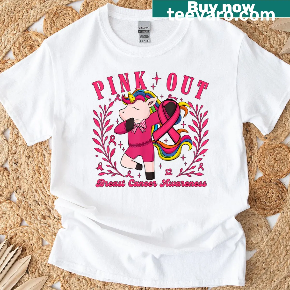 Unicorn illustration with a pink ribbon for breast cancer awareness — on a men's t-shirt