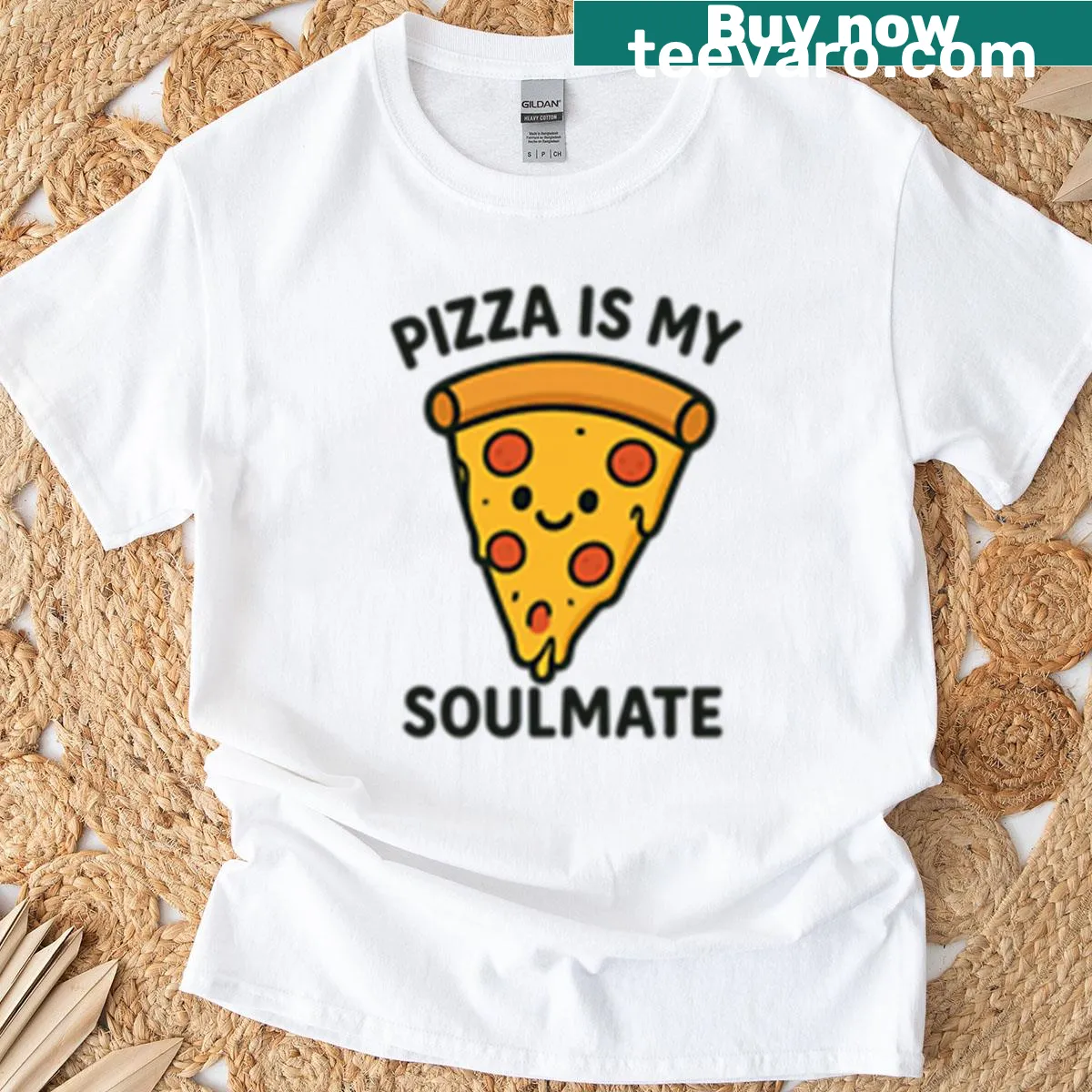 Playful t-shirt featuring the phrase 'Pizza Is My Soulmate' — on a men's t-shirt
