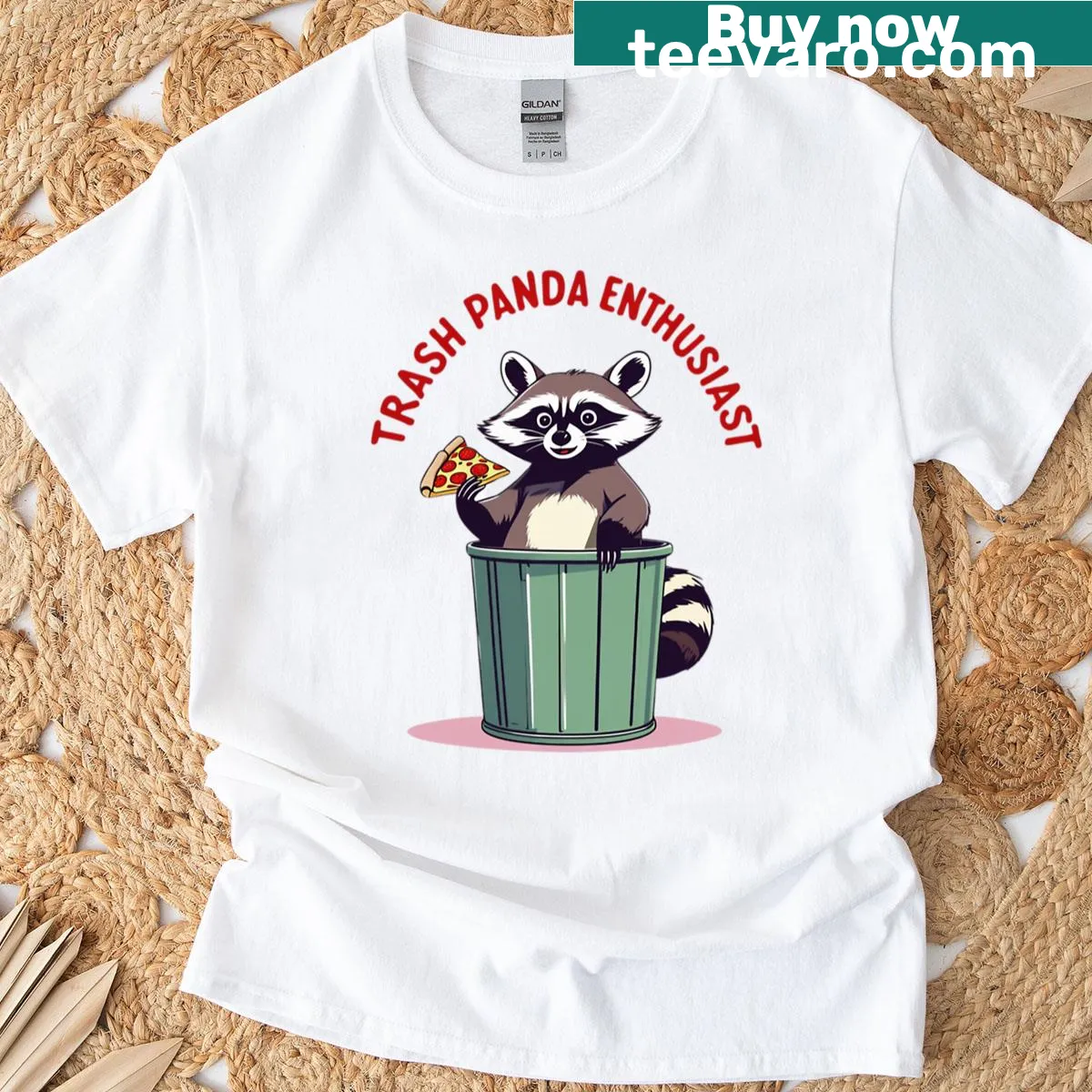Oversized T-shirt featuring a cartoon raccoon with pizza. — on a men's t-shirt