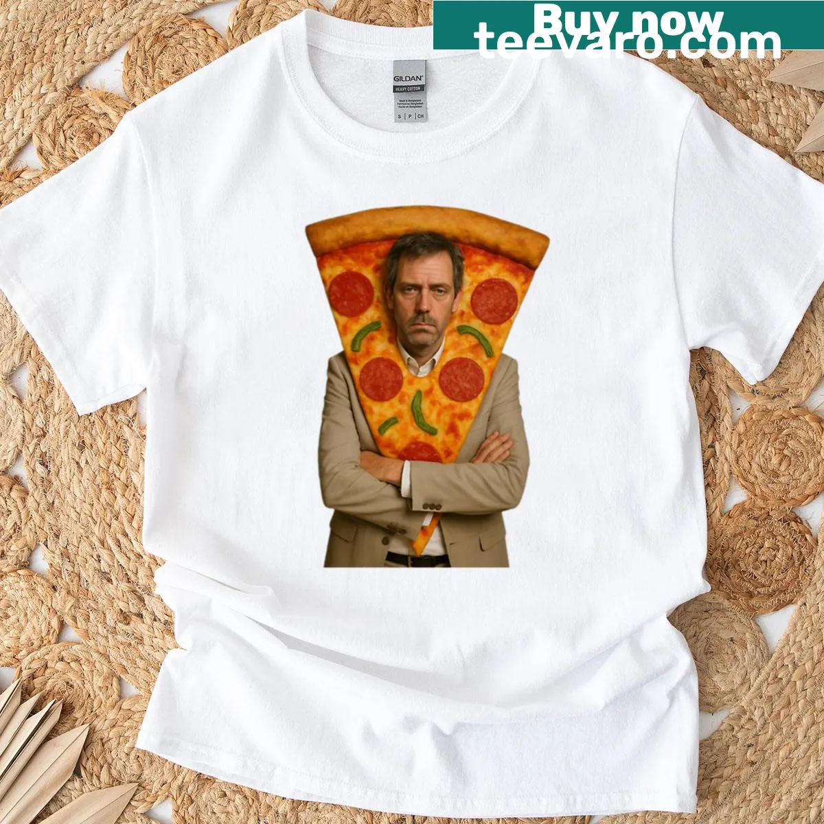 Oversized T-shirt featuring a pizza slice dressed as a doctor. — on a men's t-shirt