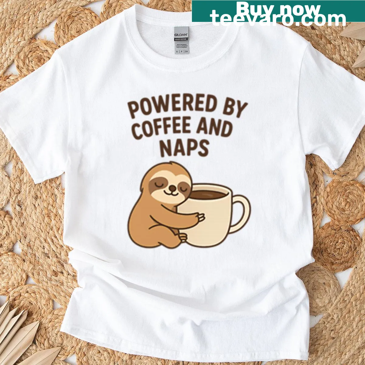 Cute sloth design t-shirt powered by coffee and naps — on a men's t-shirt