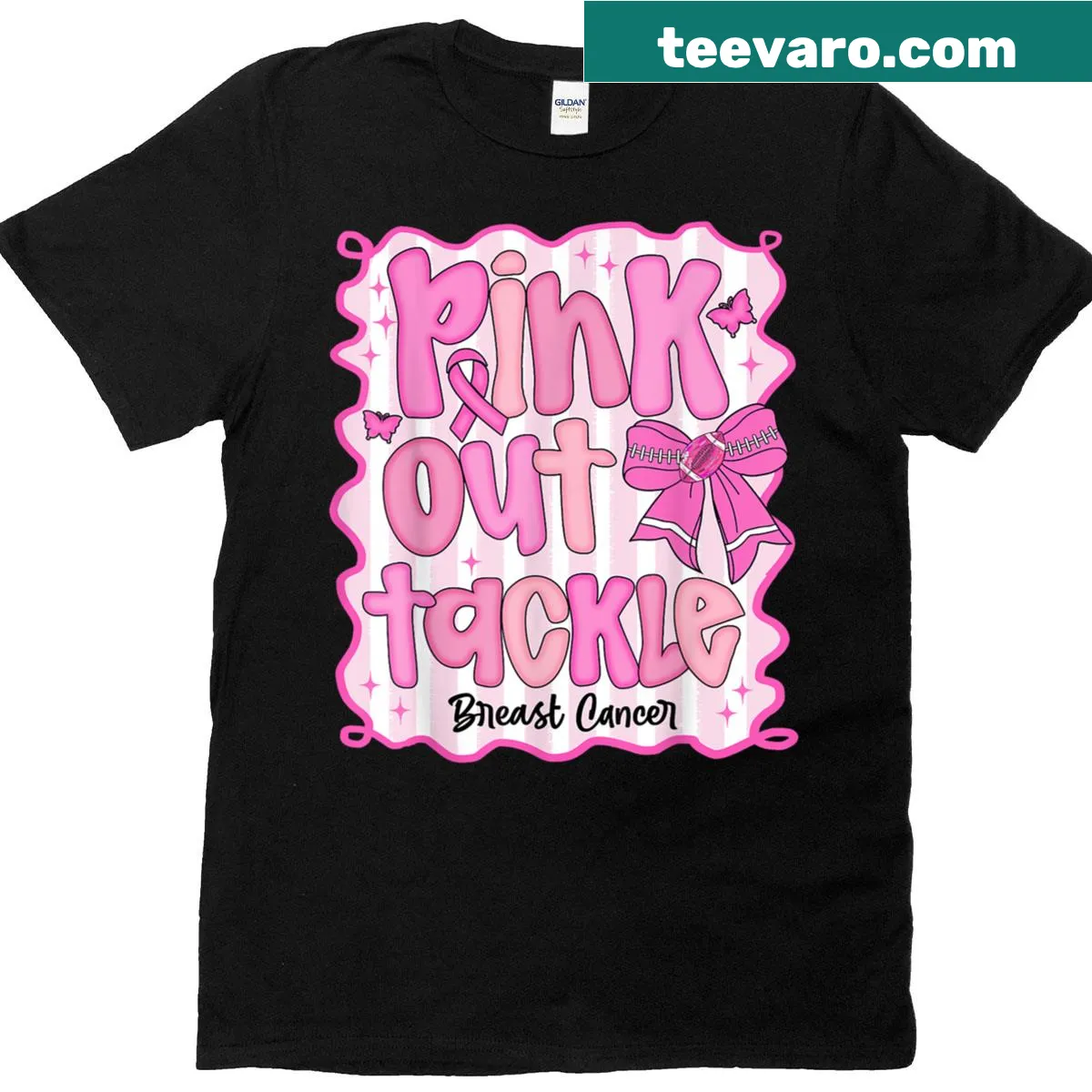 Preppy T-shirt with bow and football design for breast cancer awareness — on a men's t-shirt