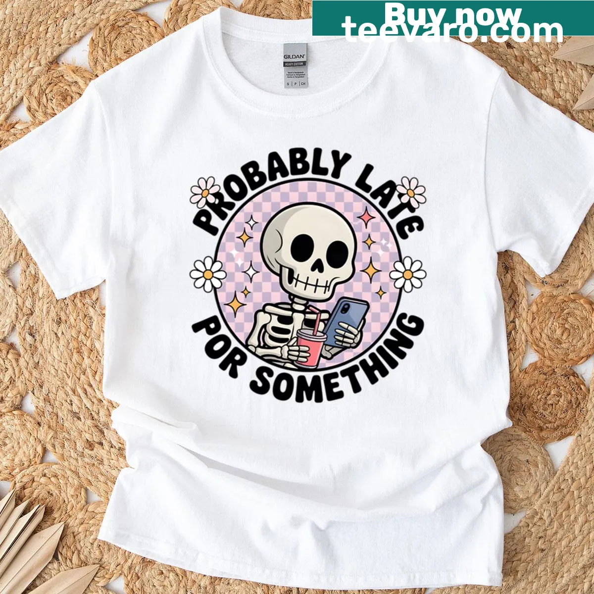 Cute t-shirt featuring a skeleton and the text 'Probably Late' — on a men's t-shirt